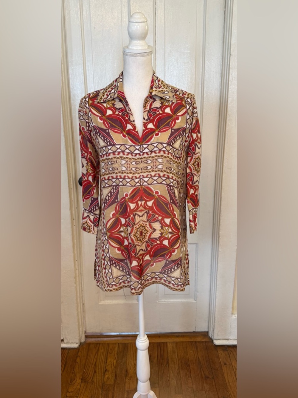 Talbots Red/Taupe Silk-Linen Medallion Tunic Blouse - Boho - 3/4 Sleeve